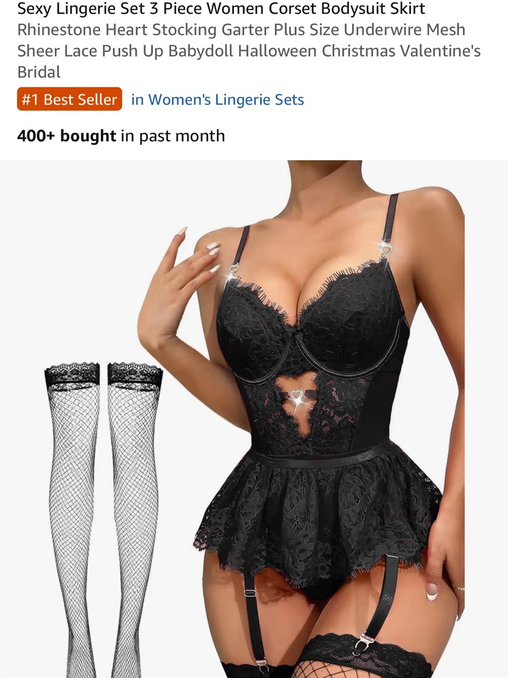 Bettie Page Black Lace Bustier Bodysuit with Sheer Fishnet Stockings